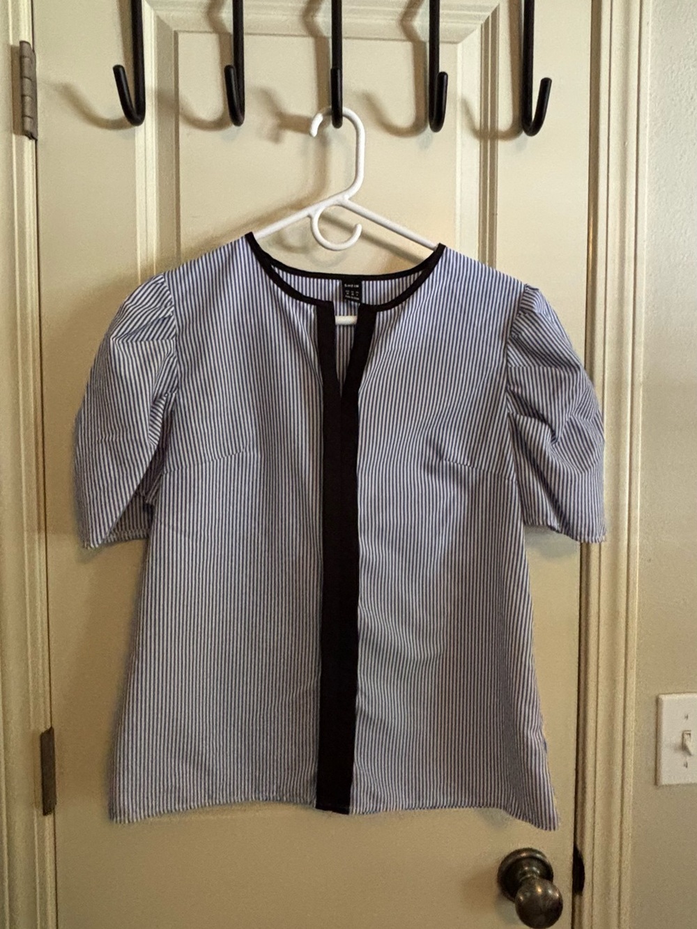 Striped Blue and White Short Sleeve Blouse with Black Trim